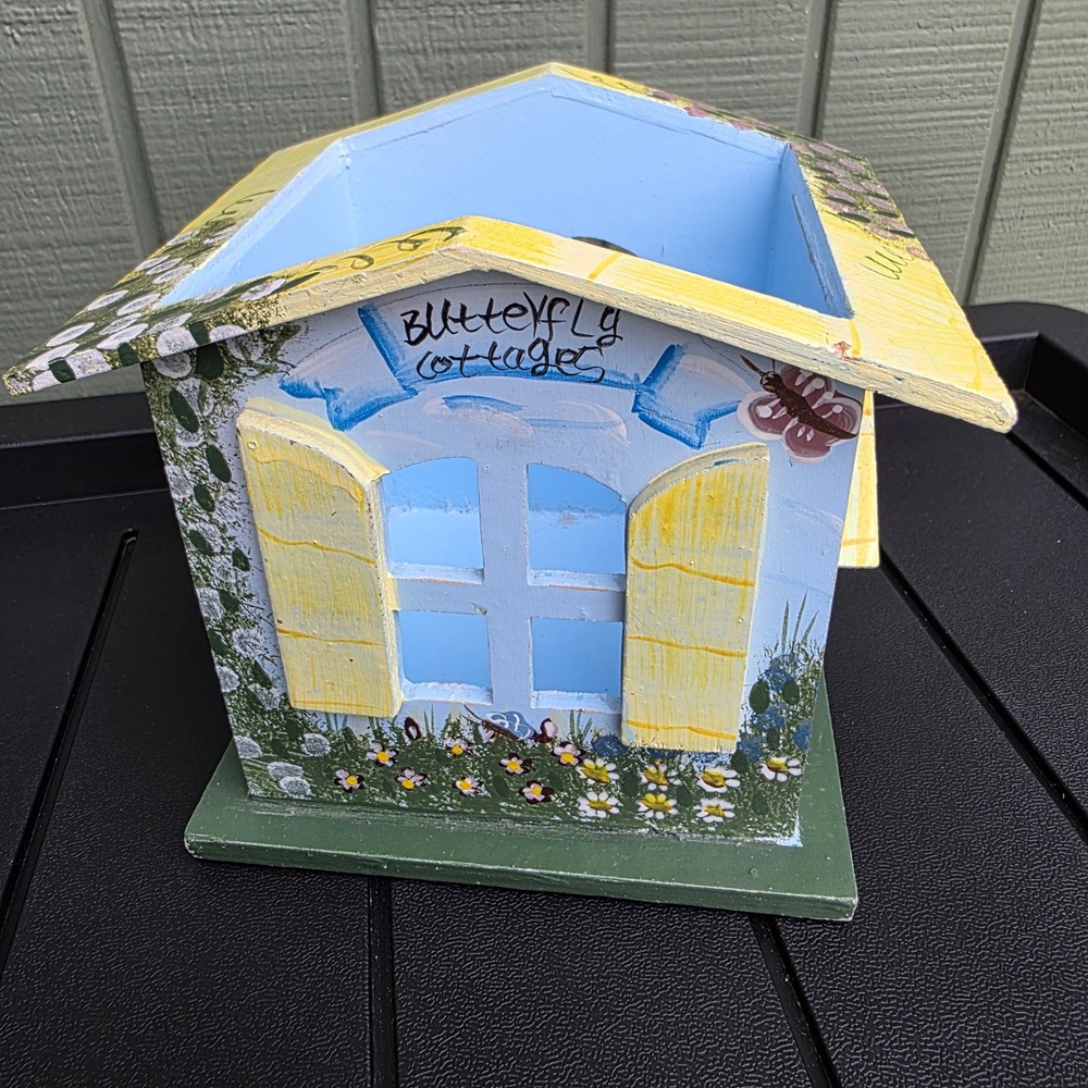 Handmade Tissue Box Holder Square Handpainted Blue Butterfly Cottagecore Wood